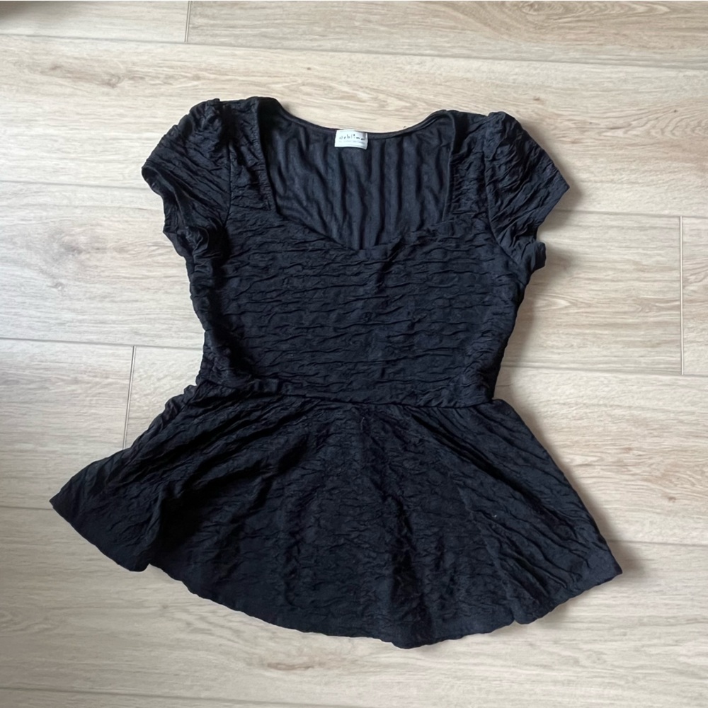Black Textured Peplum Short Sleeve Top
